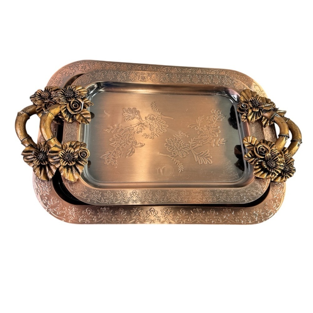 Vintage Copper Bronze Ornate Floral Rose Tray with Handles